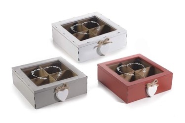 Tee Box aus Holz und Glas 4 fächer mit Herz FES