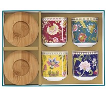 Set 4 Tazzine caffè 110ml in porcellana con piattino in bambù MAGIE D'ORIENT