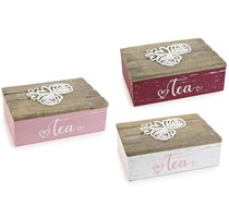 Scatola tè legno decori in rilievo 'Rose & Cuori' 6 scomparti