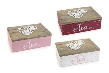 Scatola tè legno decori in rilievo 'Rose & Cuori' 6 scomparti