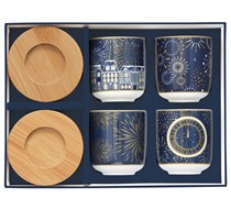 Set 4 Tazzine caffè 110ml in porcellana con piattino in bambù MIDNIGHT